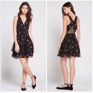 BCBGeneration Women Black Daisy Print Ruffle Layered Mini Halter Dress Size 4 NW